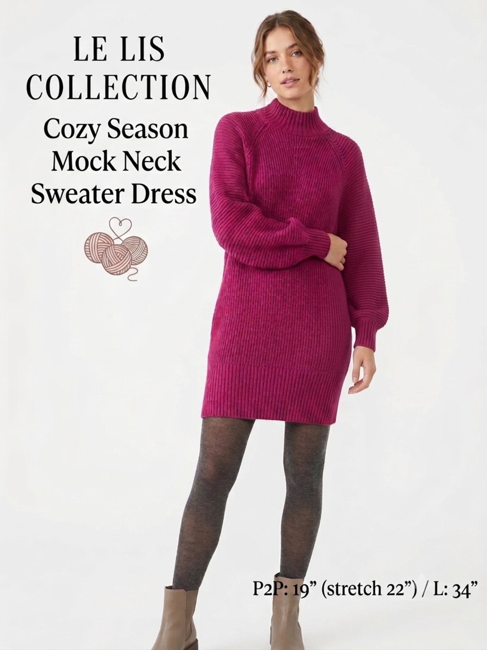 Le Lis Collection $54 NWOT Cozy Season Mock Neck Magenta Sweater Dress M